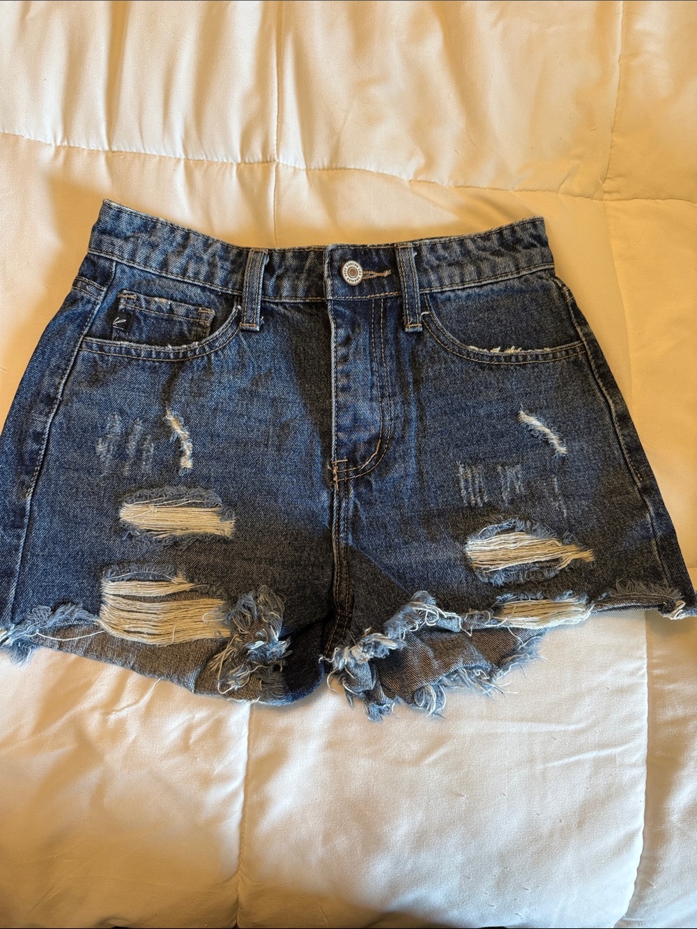 Kancan High-Rise Distressed Denim Shorts - Dark Blue